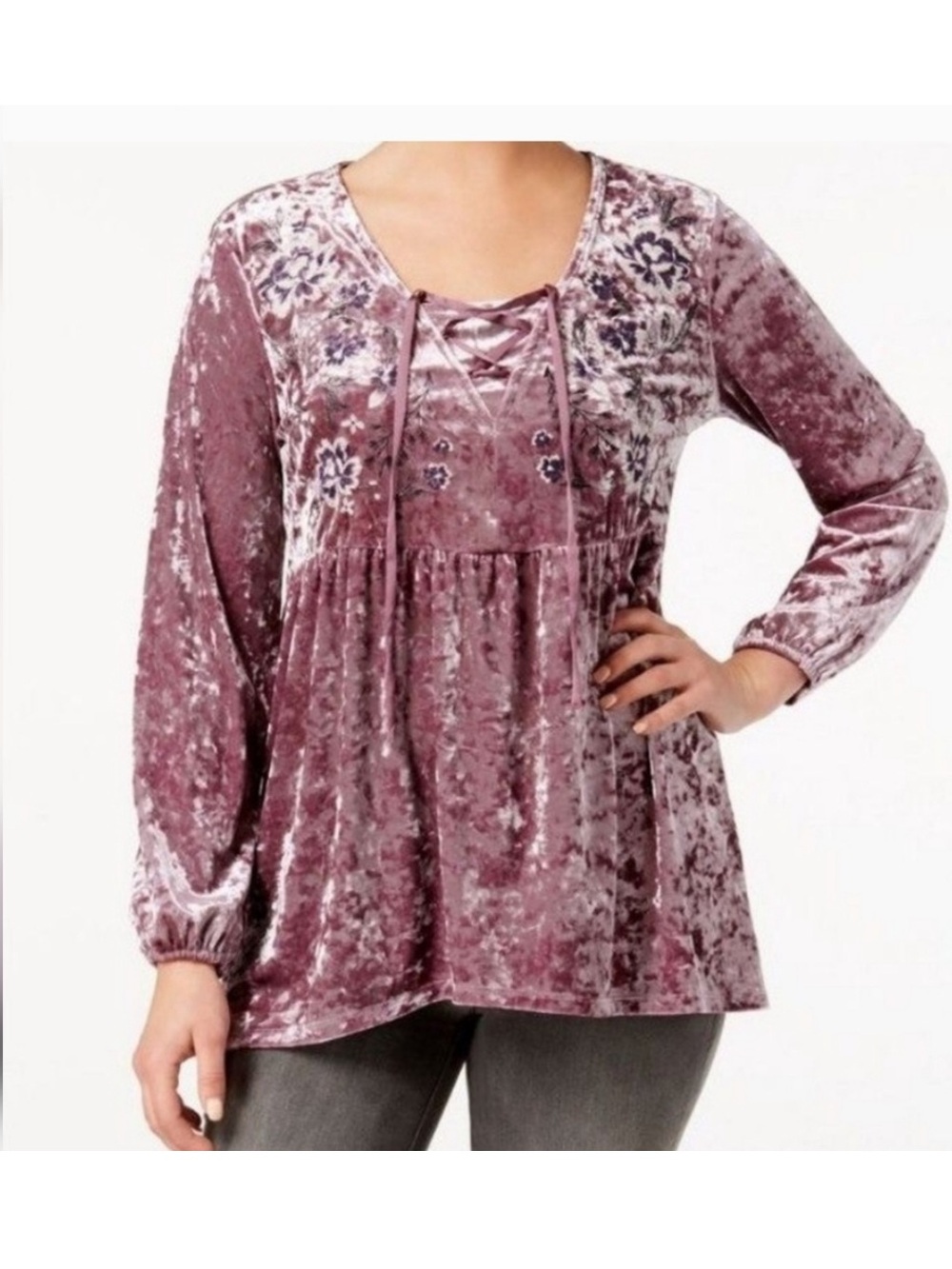 Style & Co 🌸 Embroidered Velvet Peasant Top | S